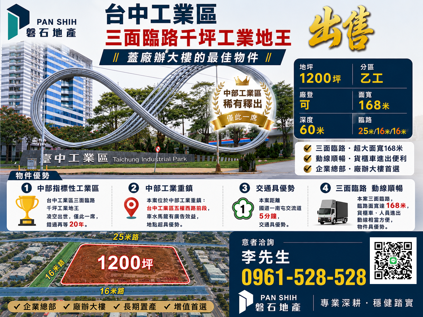 台中工業區三面臨路千坪工業地王出售｜企業總部廠辦大樓最佳物件